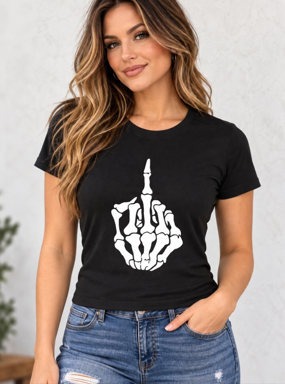 Next Level Apparel Women’s Medium Black Skeleton Middle Finger Graphic T-Shirt